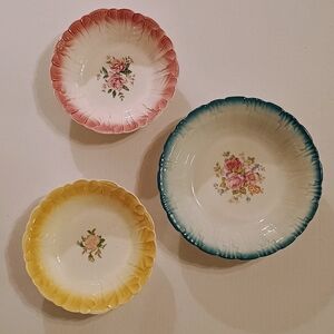 Homer Laughlin 3pc Floral Pattern Cabbage Leaf Edge Bowl, Vintage